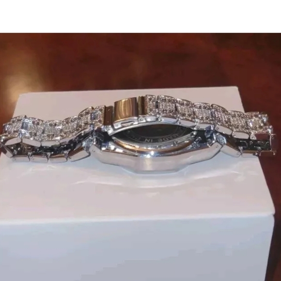Men's Iced Simulated Diamond CZ Silverplated Alloy Arabic Numeral Quartz Watch - Picture 14 of 16